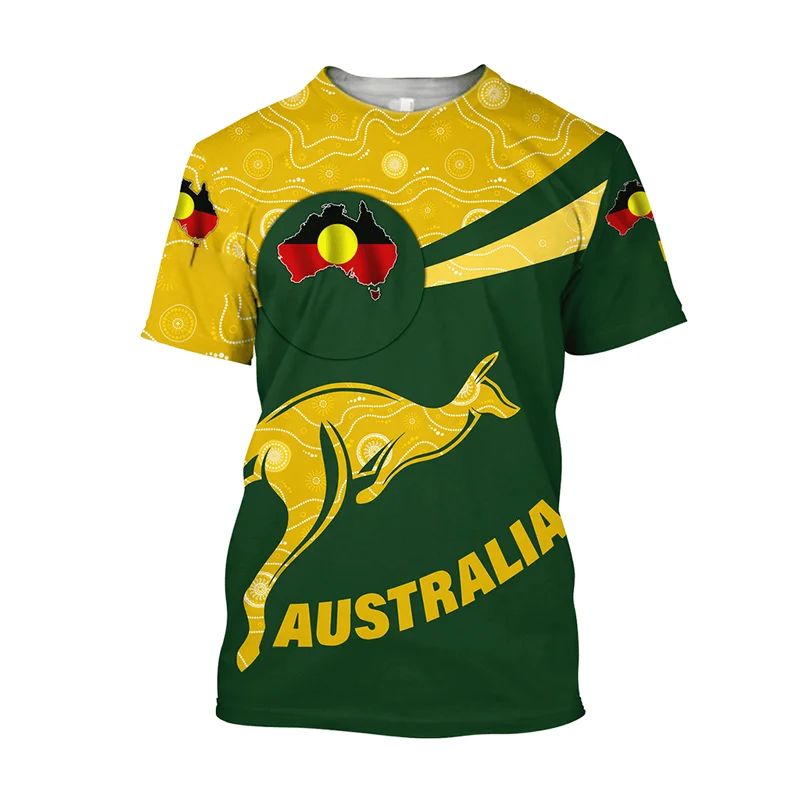 Australian Flag Kangaroo Aboriginal Painting 3D Printed Summer Men\'s Short-Sleeved Round Neck Daily Comfortable Outdoor T-shirt