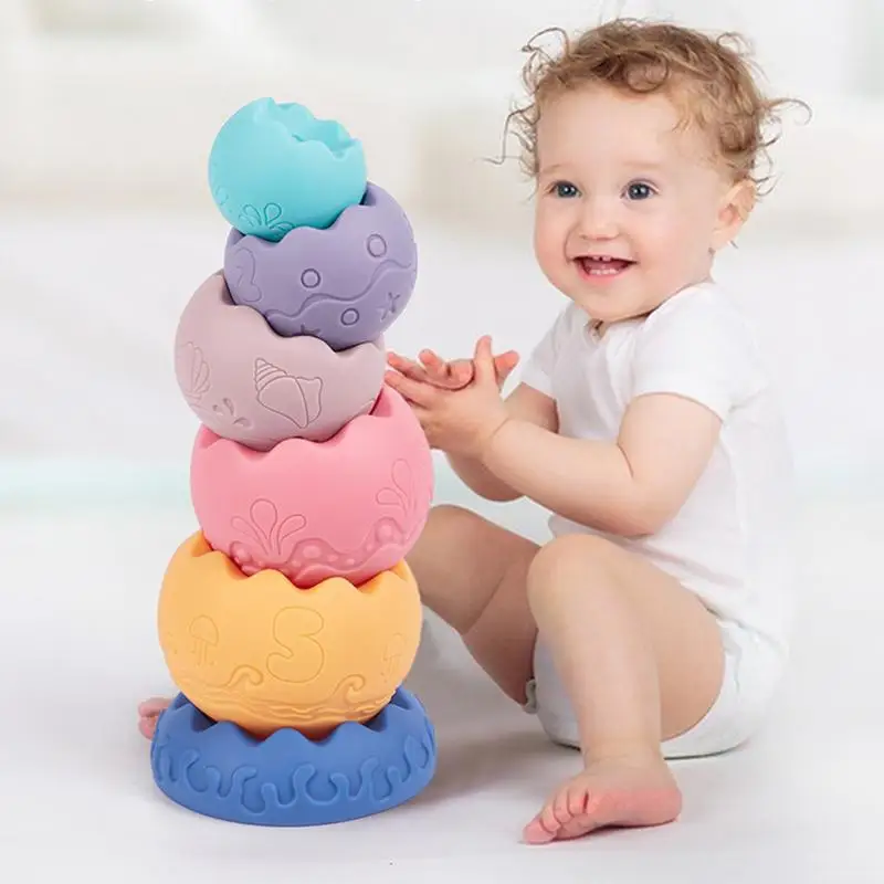 Jouets empilables en caoutchouc coquille d'œuf pour enfants, jouets empilables mentaires oriels, blocs de construction souples, jouets d'apprentissage althpour enfants