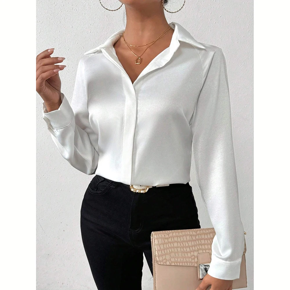 Mia Muse Camisas de mujer otoño elegante decente liso manga larga camisa cuello ropa de trabajo camisas