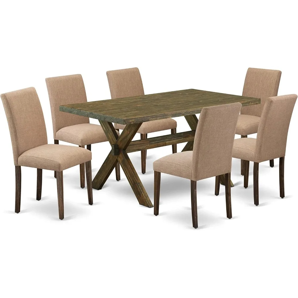 7 Piece Dinette Set Consist of A Rectangle Dining Room Table with X-Legs and 6 Light Sable Linen Fabric, Dining Tables