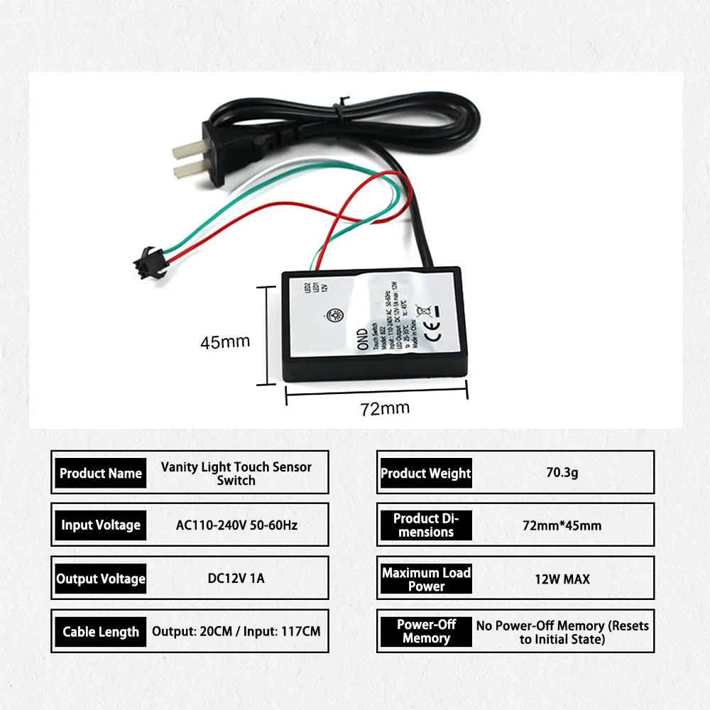 Low-voltage 12V touch mirror switch, monochrome three-color adjustable, transformer-free, stepless dimming LED strip controller