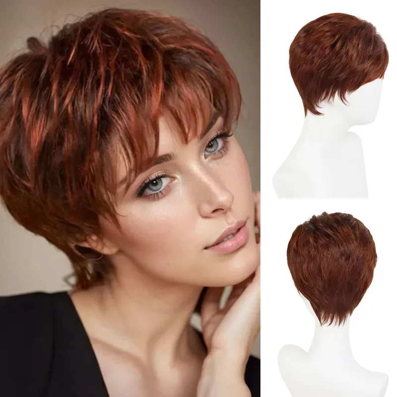 

Synthetic Short Copper Red Highlight Wig for White Women Layered Pixie Cut Wig Natural Wavy Hair Wigs with Bangs Daily Party Use