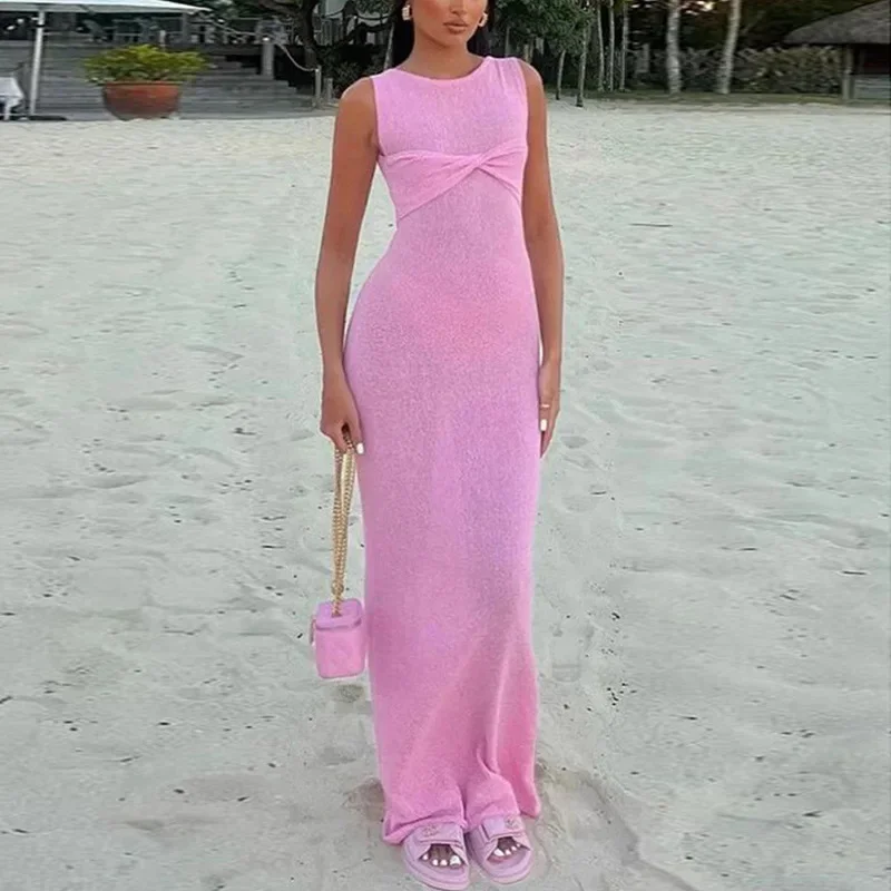 Vestido largo rosa ajustado sin mangas de Europa y Estados Unidos, vestidos de playa de Color sólido tejidos con cuello redondo, moda elegante