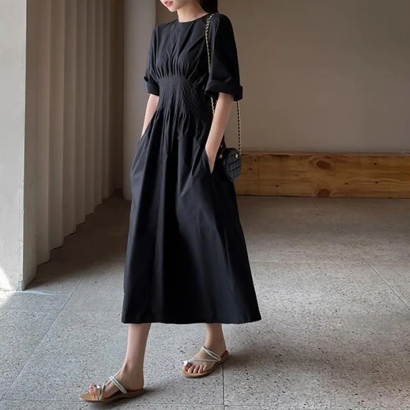 Fashion Elegant Solid Color Waist Women\'s Dresses Summer Vintage Casual Short Sleeve Simplicity Pockets Dress Female Clothing