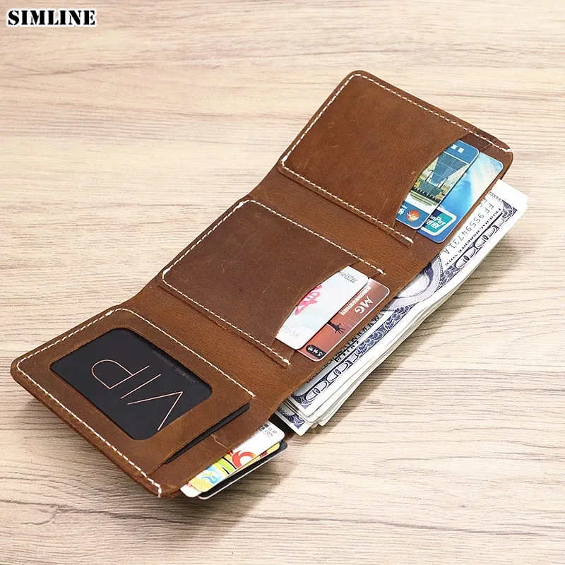 SIMLINE 100% Genuine Leather Wallet For Men Male Vintage Cowhide Handmade Short Trifold Men's Purse Photo Credit Card Holder Man