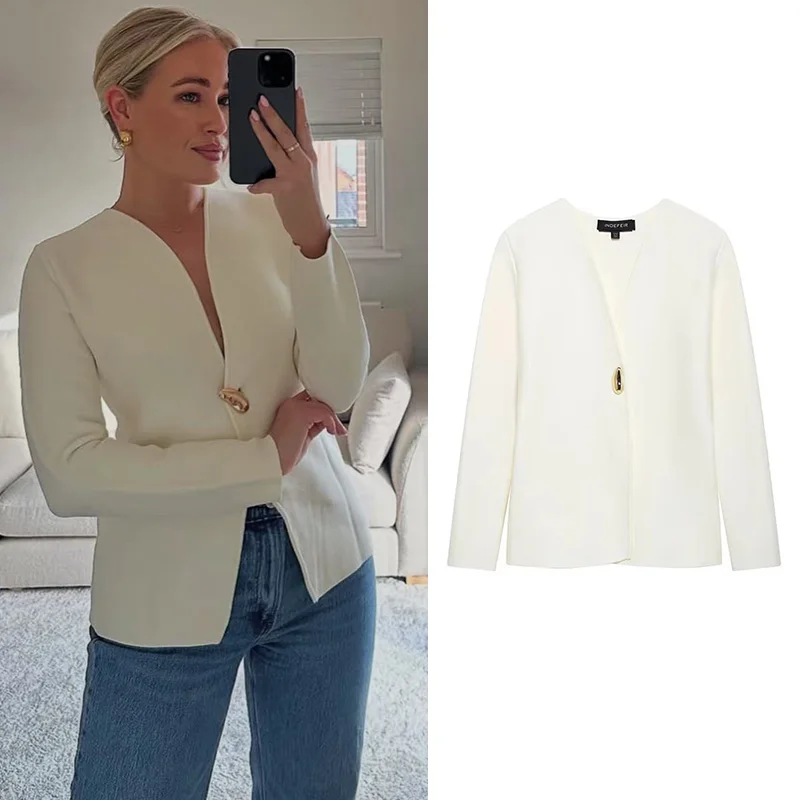 

TF.MLN женский элегантный вязаный кардиган на одной пуговице, женские свитера с v-образным вырезом и длинными рукавами, новинка весны 202, женская однотонная уличная одежда