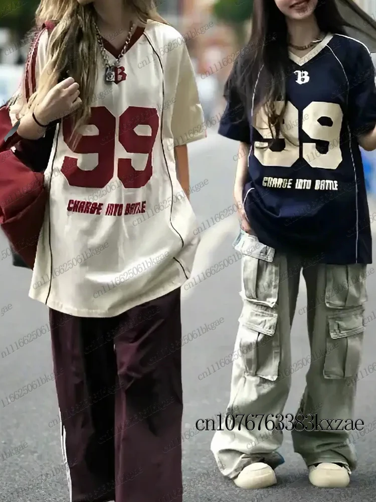Korean Hot Sale 99 Print T-Shirt For Women V-Neck Patchwork Short Sleeve Vintage Sports Football Jersey Y2K Loose Oversized Tops