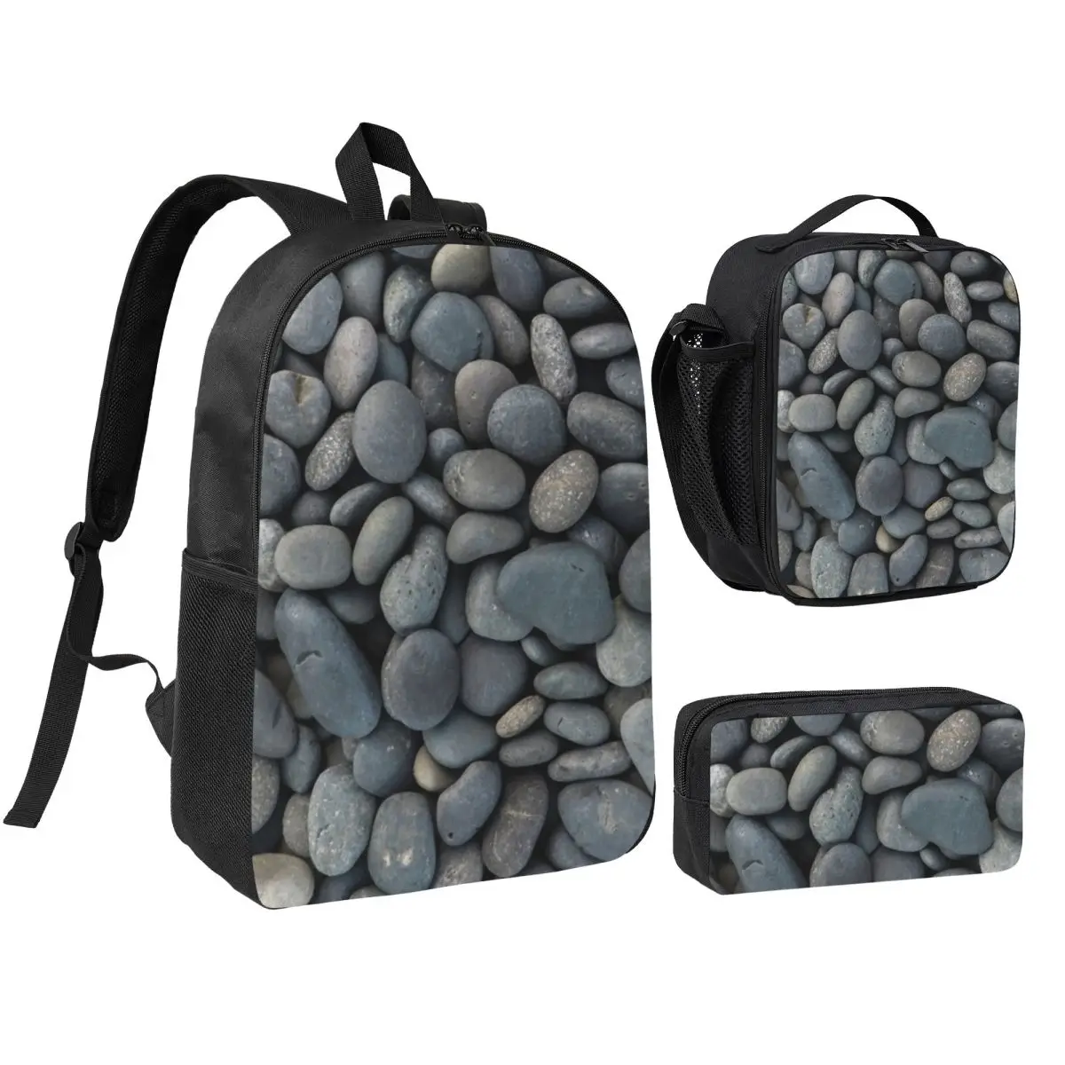 Gray River Stone Pebbles River Rock Backpack Student BookBag School Bag Laptop Shoulder Bags 3ps Insulated Lunch Bag Pencil Case