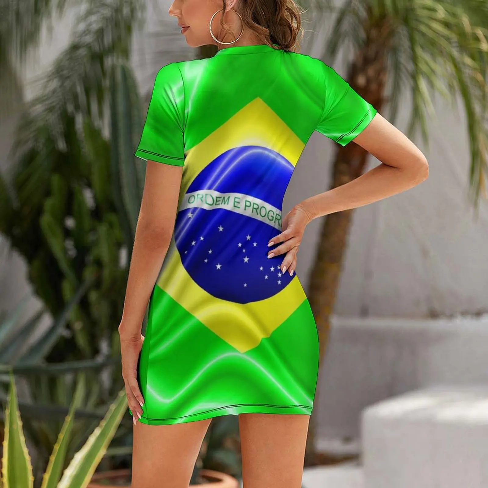 Brazil Flag Waving Silk Fabric Short Sleeved Dress prom dresses Women's summer dress Party dresses