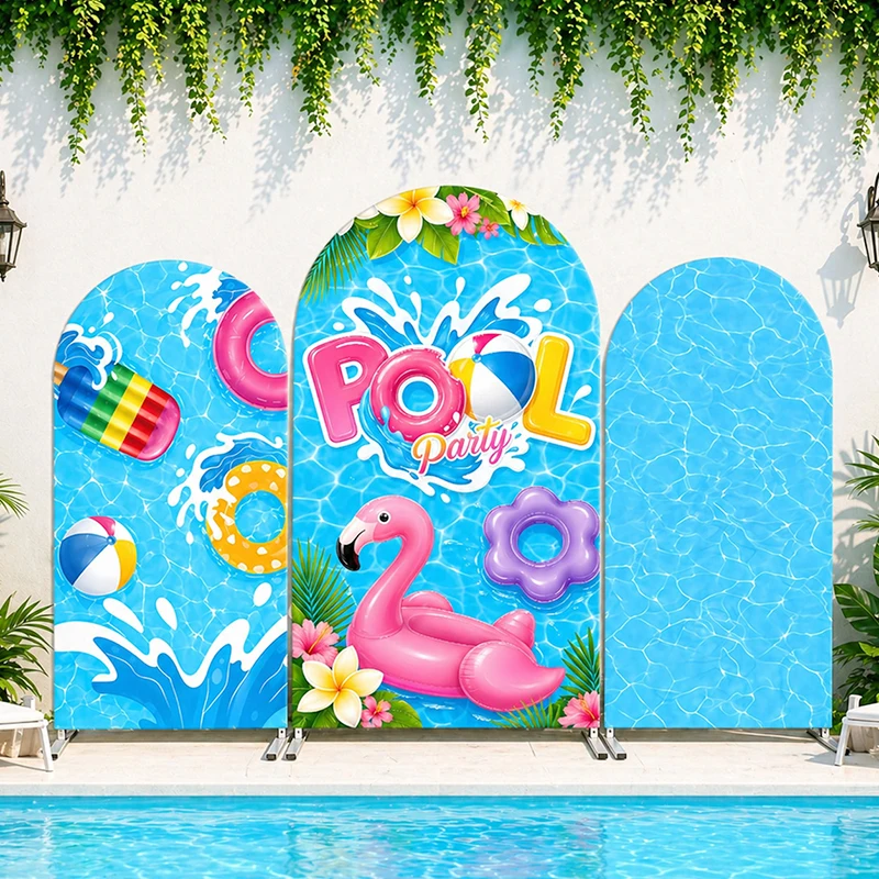 

Pool Party Arch Backdrop Cover Summer Pool Hawaiian Theme Spandex Photo Background for Swimming Beach Birthday Party Decoration