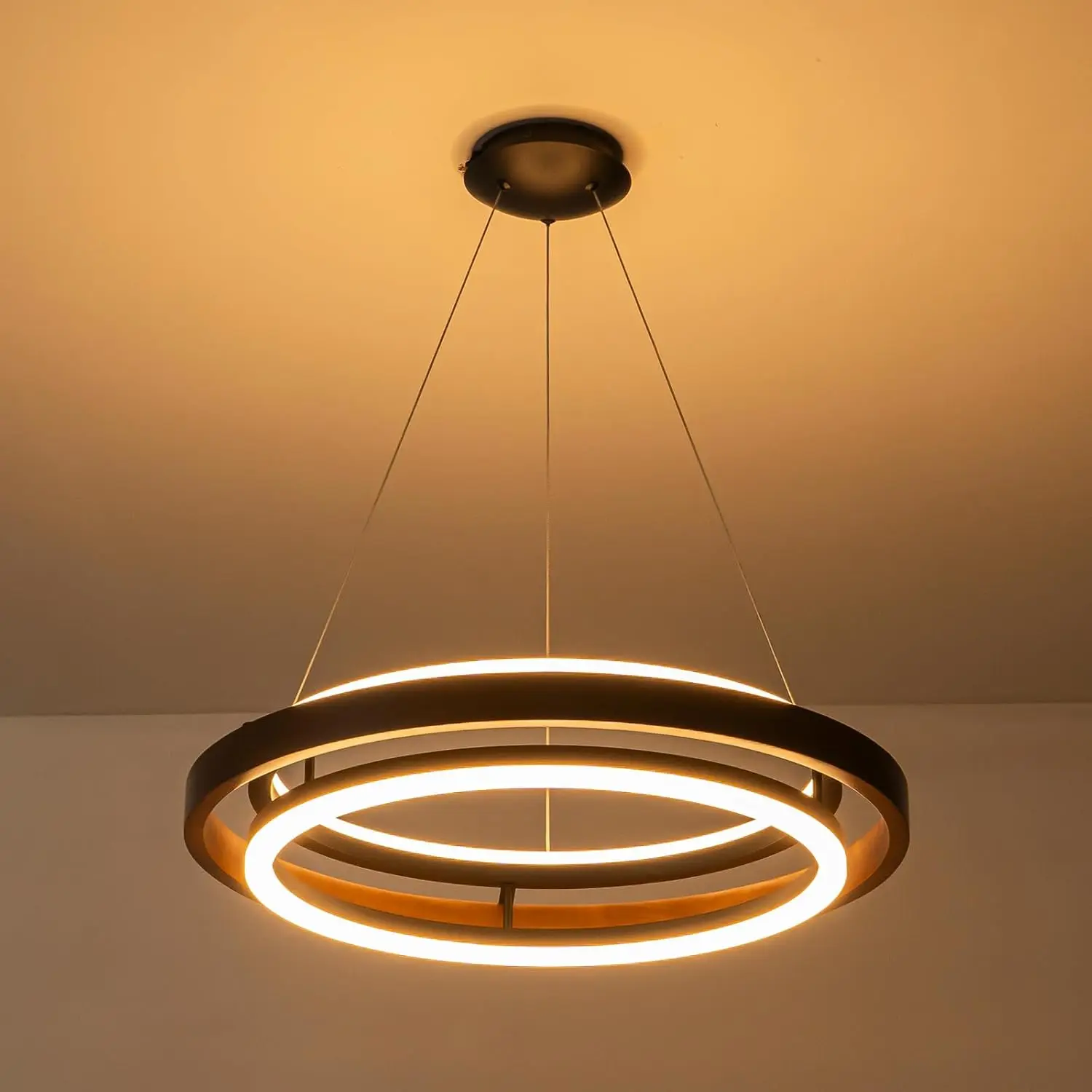 Moderne Houten Led Kroonluchter, 24 "" Dimbare Boerderij Walnoot Kleur Ronde Eetkamer Verlichtingsarmaturen, 2 Ring Hout Opknoping