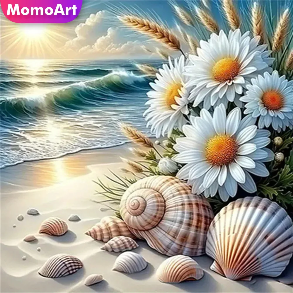 Momoart Diamant Malerei Meer Landschaft Mosaik Gänseblümchen Blume Neue Ankunft Kits DIY Sonnenuntergang Stickerei Shell Conch Handwerk