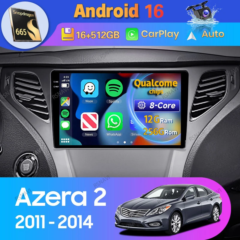 Android 16 Car Radio For Hyundai Azera 2 II 2011 - 2014 Carplay Auto Multimedia GPS Player Head Unit WIFI+4G BT Stereo Video DSP
