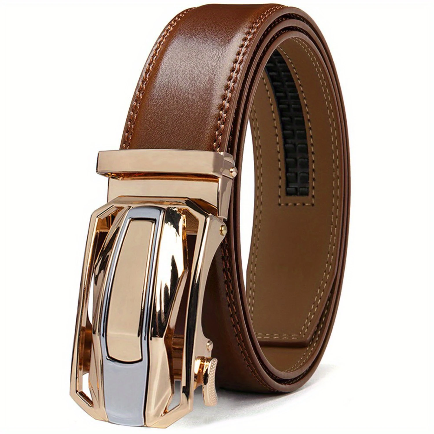 1PC  Mens Genuine Leather Cowhide Fashion Belt - Automatic Ratchet Buckle, Alloy Buckle , Average Size, Business Suit Style, Dur