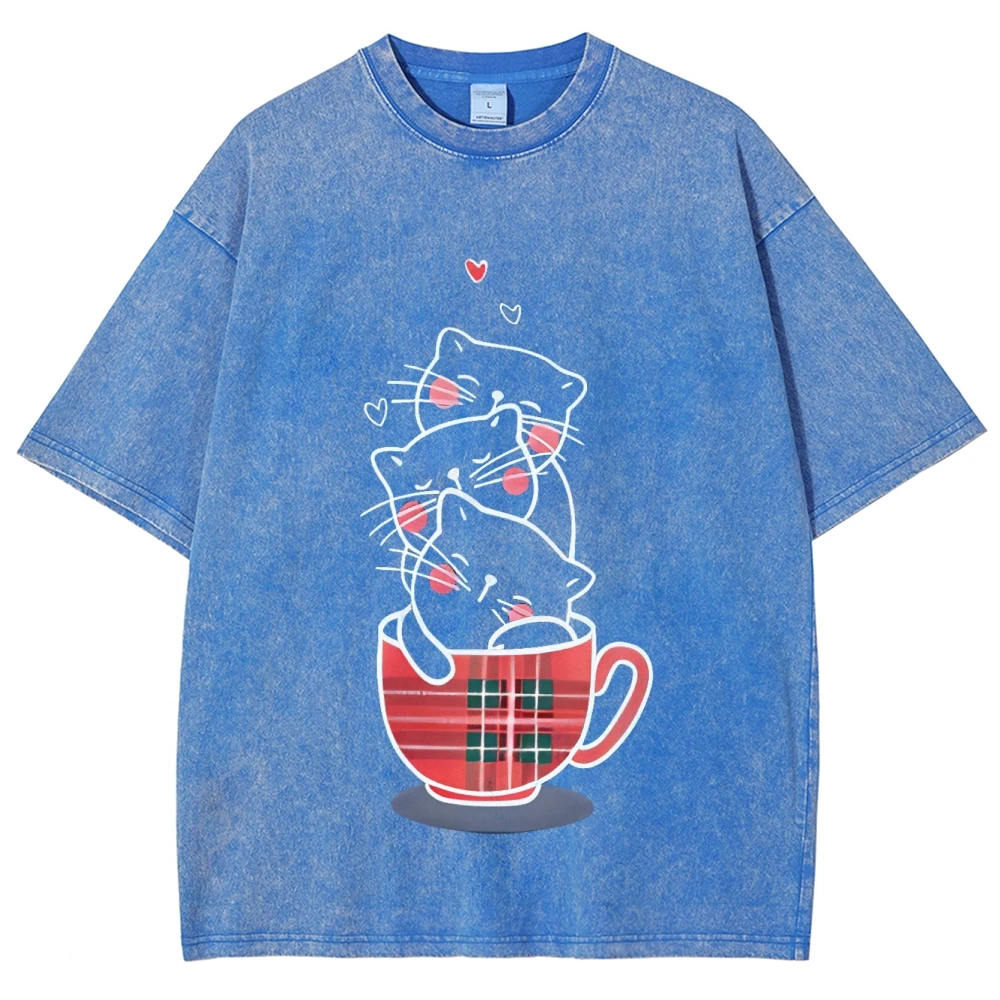 Cute Teacup Cat Print T-Shirt Fashionable Round Neck Casual Short Sleeve High Quality Cotton Summer 2025 New Unisex Jumper