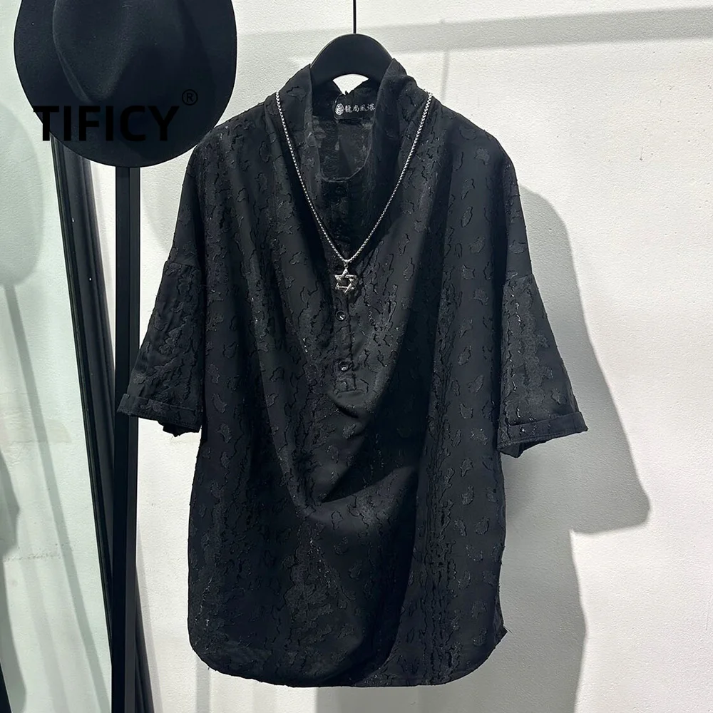 High Street Shirts Men's Summer Lightweight Dark Style Stand Up Collar Pullover Short Sleeved Shirt Loose Black Shirt
