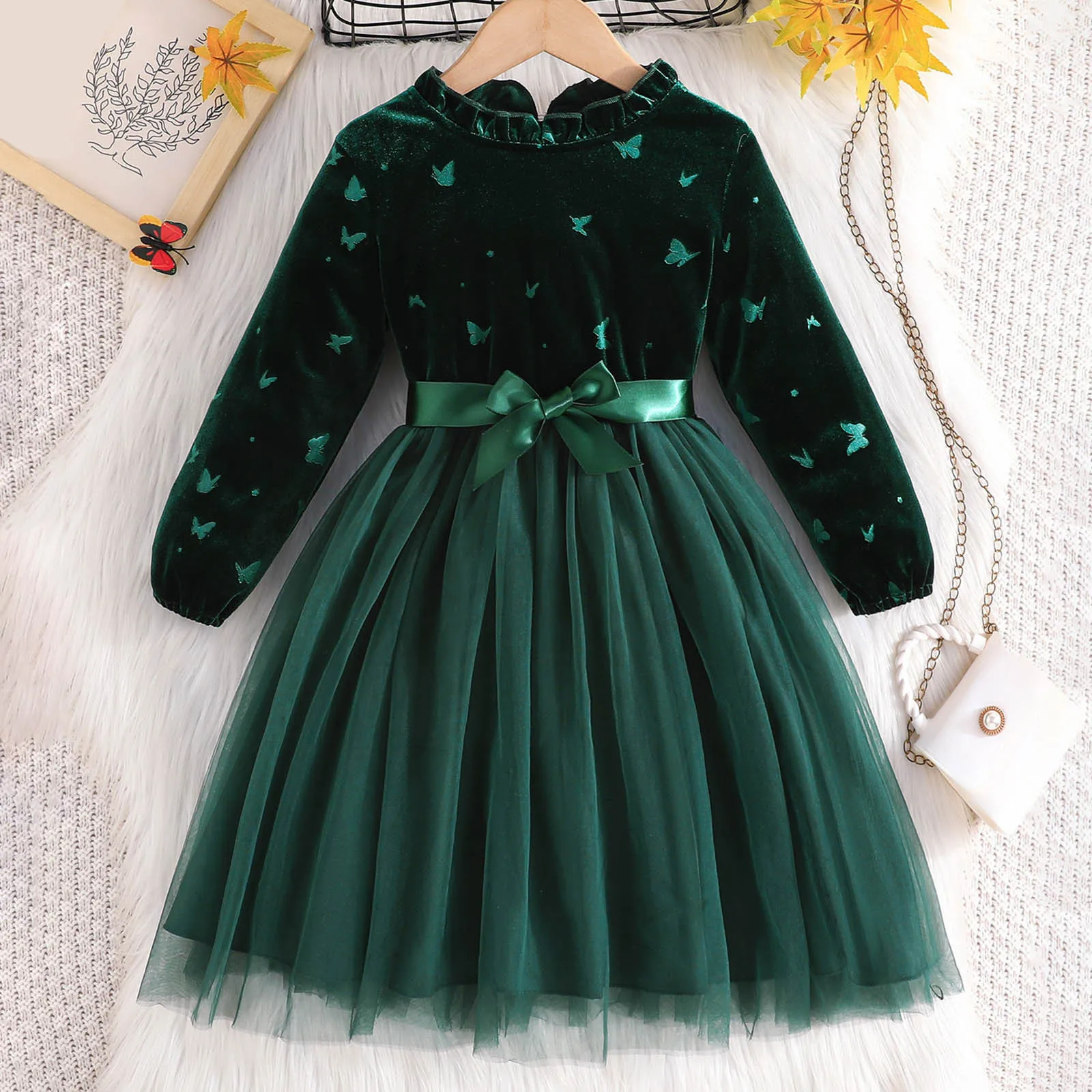 Baby Girls Meshchwork Long Sleeve Dresses Baby Girls Toddler Autumn Tops Green Bow Flower Print Baby Kids Dress For Girls Dress