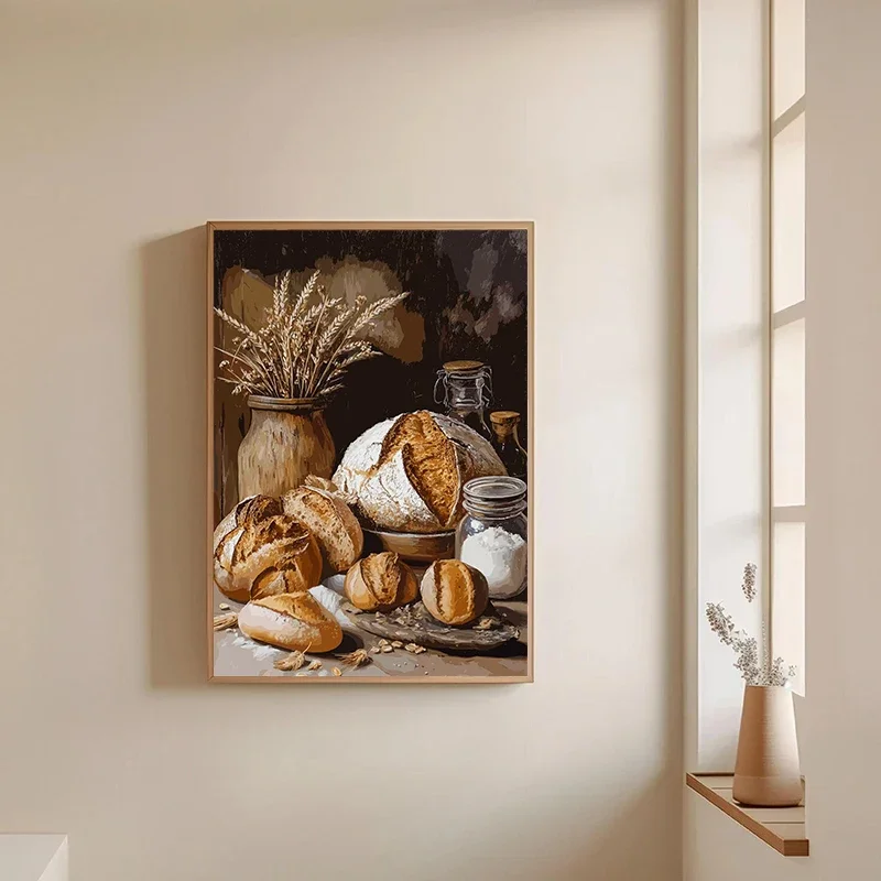 Multiple sizes 1pc frameless Canvas Painting,Bread Still Life Vintage Poster Kitchen Food Loaves Baguettes Canvas Printing Rusti