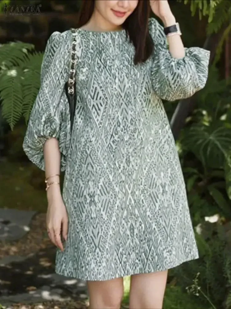 ZANZEA Bohemian Women Print Mini Dresses 3/4 Lantern Sleeve Short Sundress 2025 Summer Casual Holiday Party Female Loose Vestido