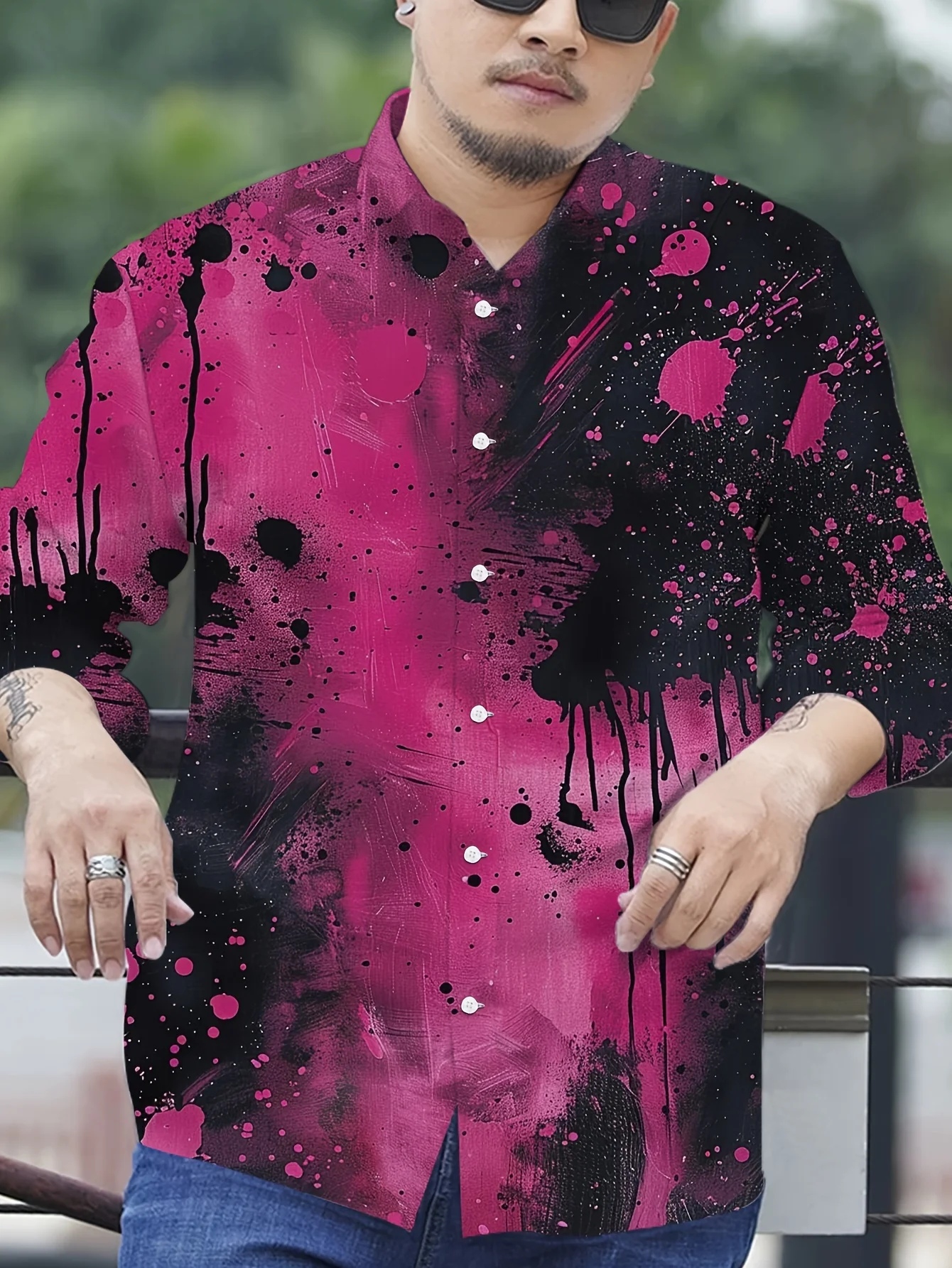 Bohemian Geometric Print Long Sleeve Shirt - Bold YES Text & Color Block Design, Regular Fit Button-Up Shirt for Men