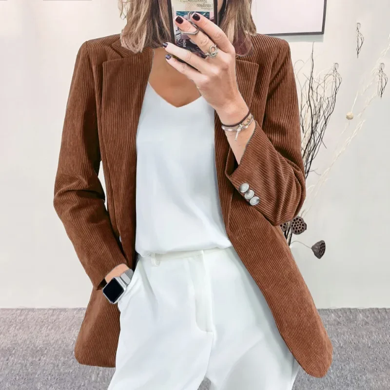 Maturity Women Clothing Coat New Corduroy Cardigan Style Slim Fit Solid Color Casual Professional Suit Jacket Women Jacket Black