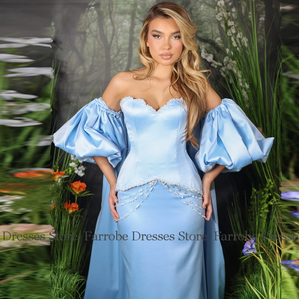 Luxurious Women's Evening Dresses Satin Column Celebrity Dress Sky Blue Sweetheart Beads Pearls Cloak Puff Sleeve Prom Dresses