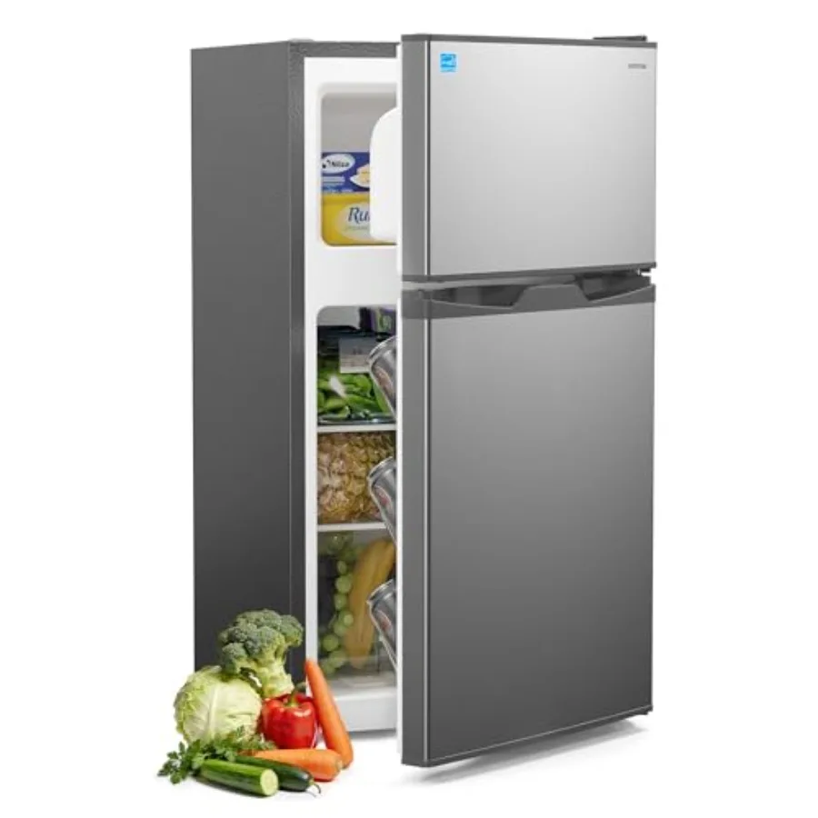 

Bedroom, dorm, apartment use; stainless steel; silver; 3.1 cu.ft capacity with freezer, double door, adjustable thermostat, Ene