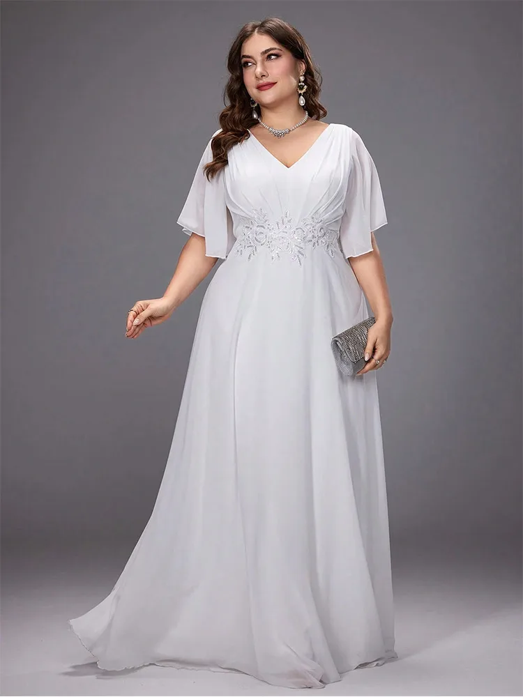 Plus Size V Neck White Wedding Pleated Floor Floor Bridesmaid Evening Dress 4XL 5XL Big Size Plus Size White Wedding Dress Women