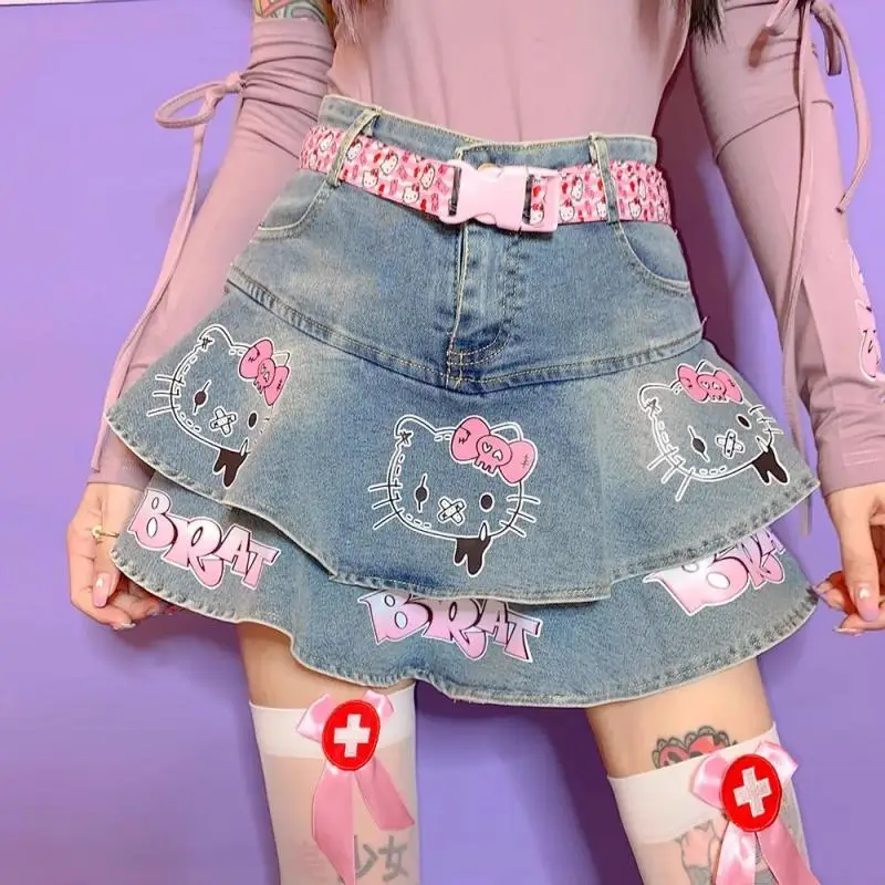 Denim Skirt Sanrio Hello Kitty Spring Summer New Style Bow Casual Printing Girl Dress Fashion Cartoon Kawaii Hot Denim Skirt