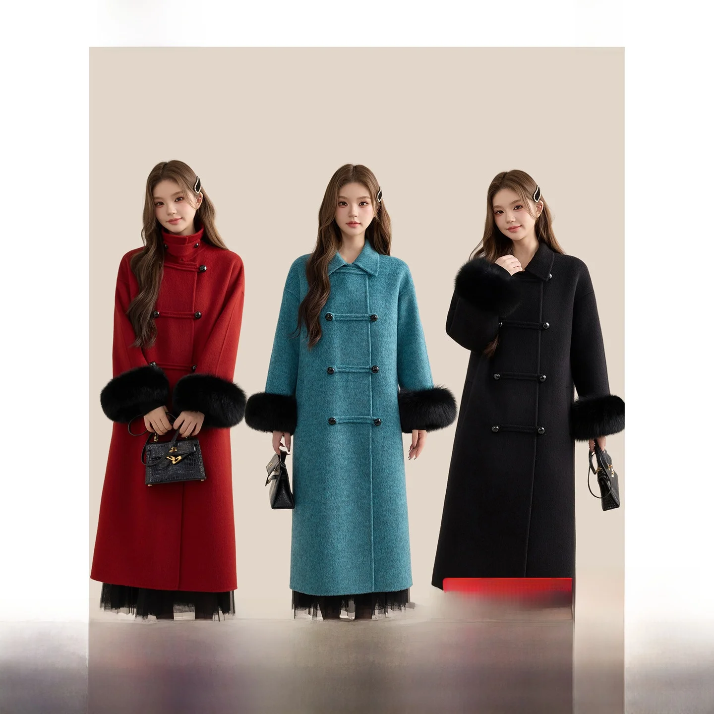 

Пальто шерстяное двубортное средней длины из натурального двустороннего меха ручной работы от DALU Studio, корейский прямой крой, зимнее