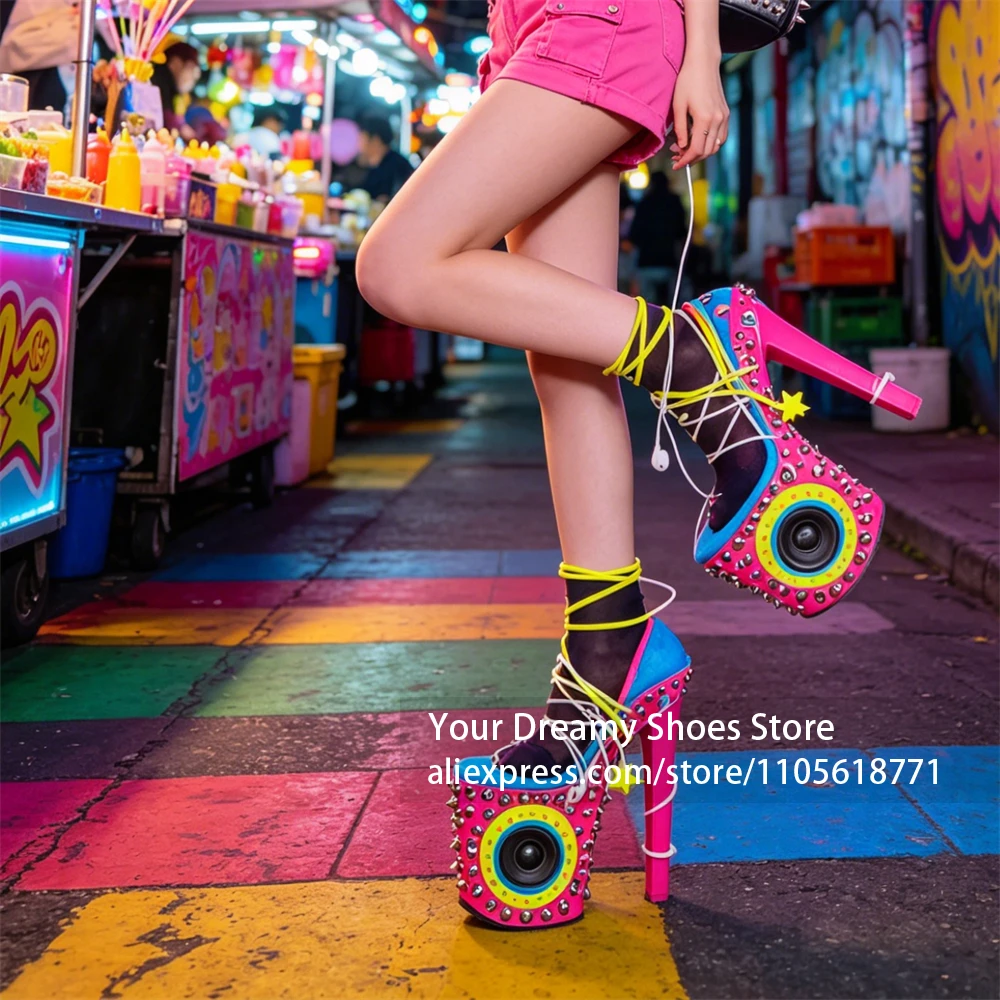 Y2K Punk Spike Rivet High Heel Shoe Shaped Speaker Pink Blue Yellow Novelty Desktop Audio Player Home Party Decor Creative Gift