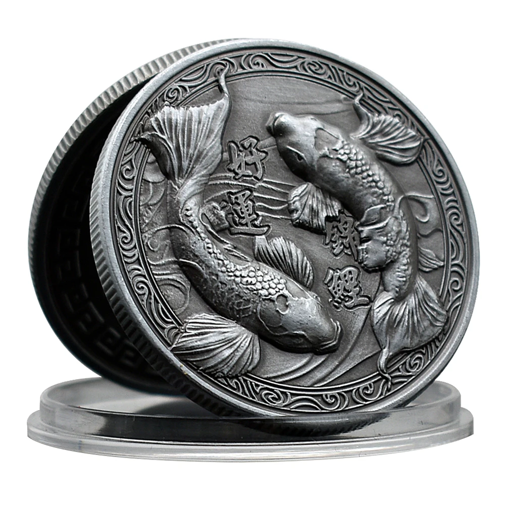 Chinese Koi Coin Lucky Carp Medal Souvenir Fu Character China New Year Gift Commemorative Cion Medal Collection