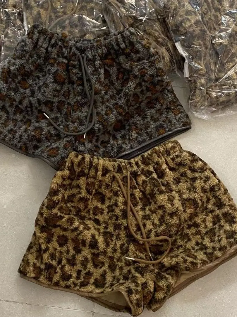 East Gate Autumn Winter Thickened High Waist Drawstring Retro Leopard Print Casual Pants Wide Leg Shorts Women's Fashion