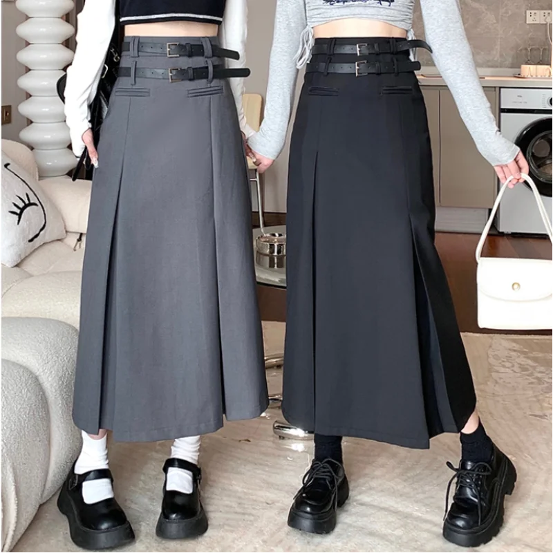 

Elegant Gray Suit Skirt Women 2023 Autumn New Fashion Belt High Waist A-line Pleated Skirts Woman Casual Long Skirt