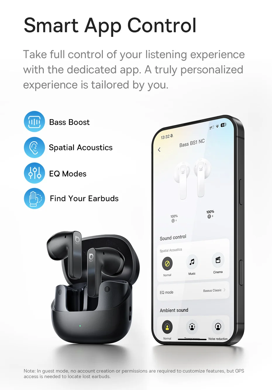 Baseus Bass BS1 NC -40 dB Echtzeit-Adaptive ANC Wireless Earbuds Bluetooth 6.0 Semi-Open-Kopfhörer LDAC Hi-Res Audio 6-Mic AI ENC – Detail 14