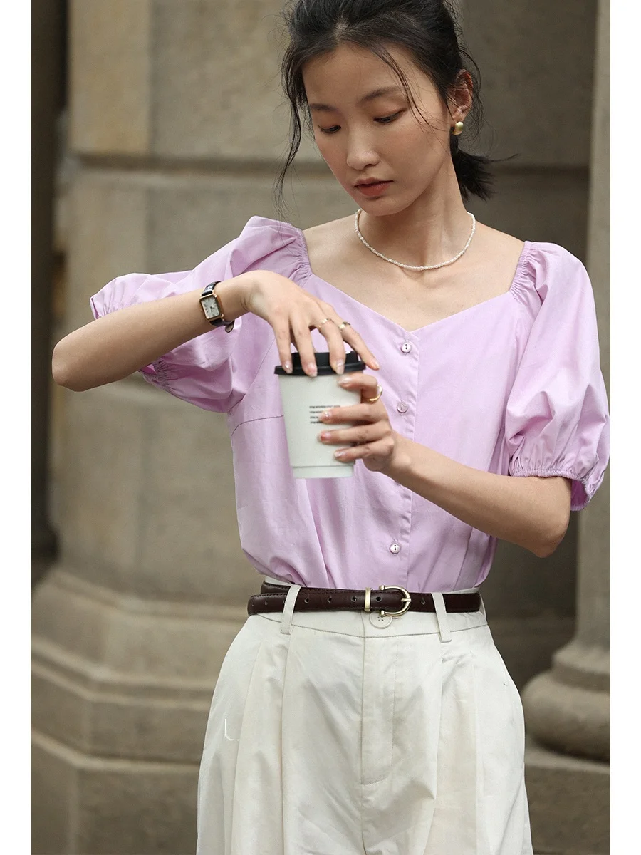 

Французская свободная футболка однотонного цвета с плиссированными рукавами-фонариками для молодых женщин, лето 2024