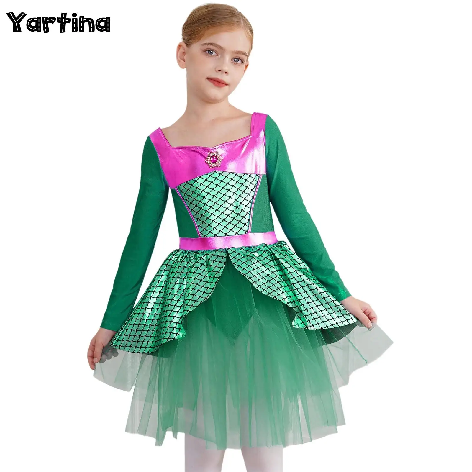 Girl Mermaid Princess Dress Halloween Mermaid Cosplay Costume Long Sleeve Fish Scales Print Ballet Tulle Dance Dress Dress Up