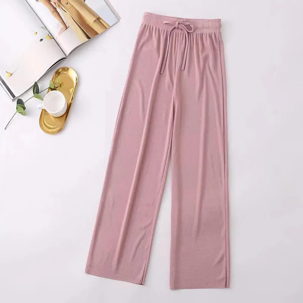 Calça feminina casual de seda gelada, cintura elástica com cordão, monocromática, reta, perna larga, streetwear, verão