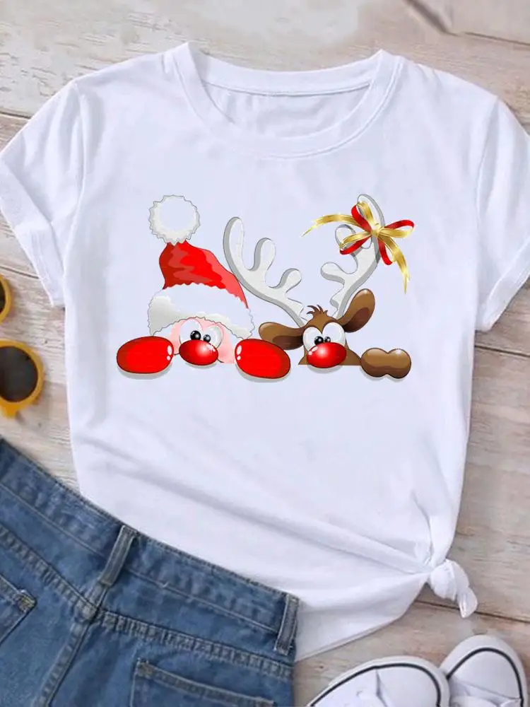 Clothing New Year Cartoon Lovely Style Graphic T Shirt Print Women Holiday T-shirt Top Fashion Christmas Short Sleeve Tees