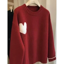 Korean Version Love Red Sweater Knitted Sweater Lazy Fashion Pullover Top Women's Clothing