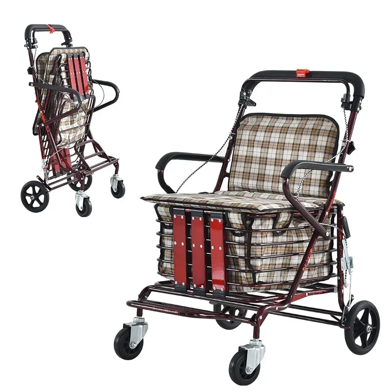 

Elderly handcart, elderly stroller, foldable shopping cart, seats for four-wheel walking assistance, and small cart