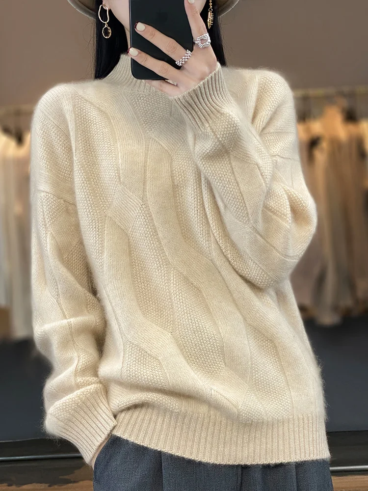 

Autumn and Winter Thickened 100% Merino Wool Women's Half High Neck 2024 New Thick Thread Loose Sweater Knitted Bottom