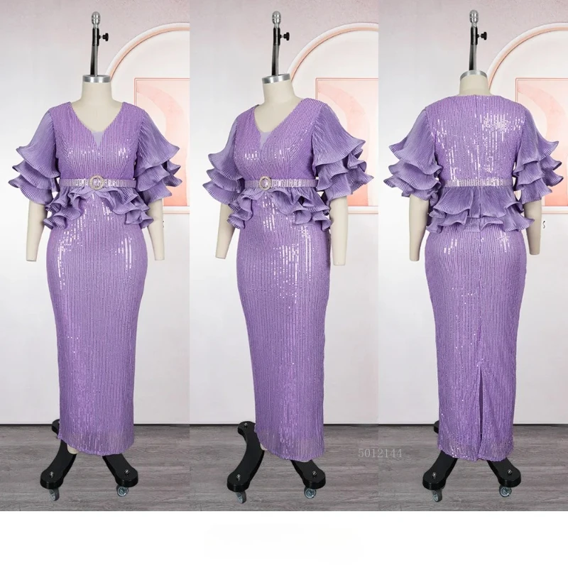 

Sequin Plus Size African Dresses for Women Elegant 2026 Half Sleeve V-neck Polyester Long Bodycon Dress Outfits Africa Clothing