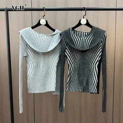 VGH Hit Color Striped Slimming Chic T Shirt For Women Hooded Long Sleeve Design Sense Casual Tops Female Fashion New Autumn 2024