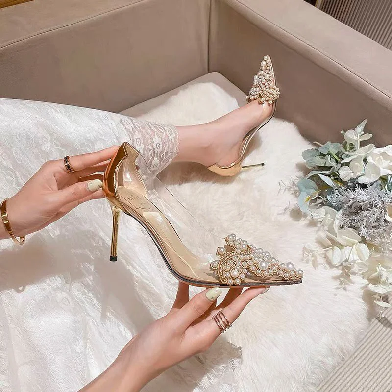 Women's Single Shoes Summer New Ultra High Heels Pointed Pearl Transparent Shallow Heels Fashion Temperament Stiletto Sandals