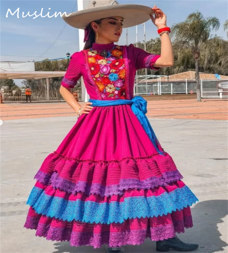 

Spanish Escaramuza Mexico Prom Dress Fuchsia Traditional Mariachi Ruffles Lace Folklorico Dancer Evening Jalisco Gown Customized