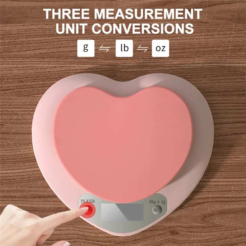 Báscula electrónica Digital portátil B15C, báscula multifunción para hornear en la cocina de 5Kg/1G, pantalla LCD de alta precisión en forma de corazón rosa