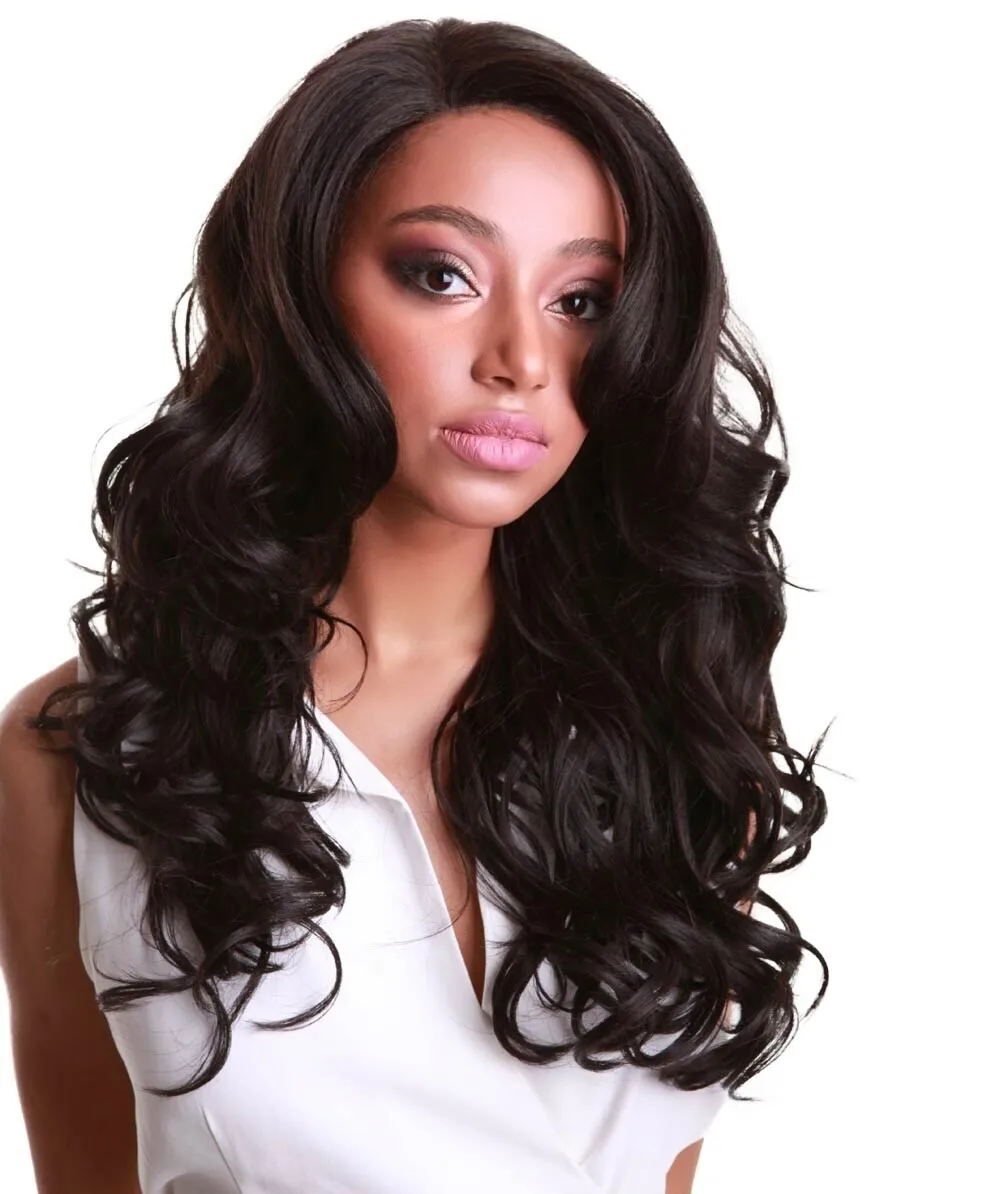 

LUXLUXE Yenne Wavy 23 Inch Long 4X4 Hand-Tied Lace Front Wig BLT-0107,Dark Brown