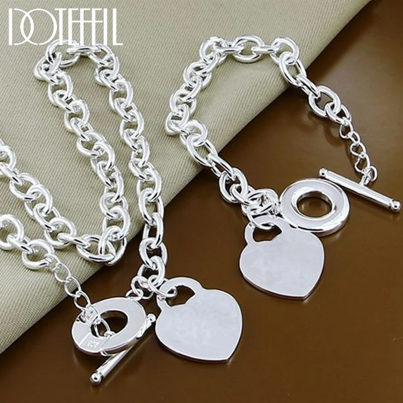 DOTEFFIL 925 Sterling Silver Heart TO Buckle Necklace Bracelet Set For Women Man Wedding Engagement Jewelry