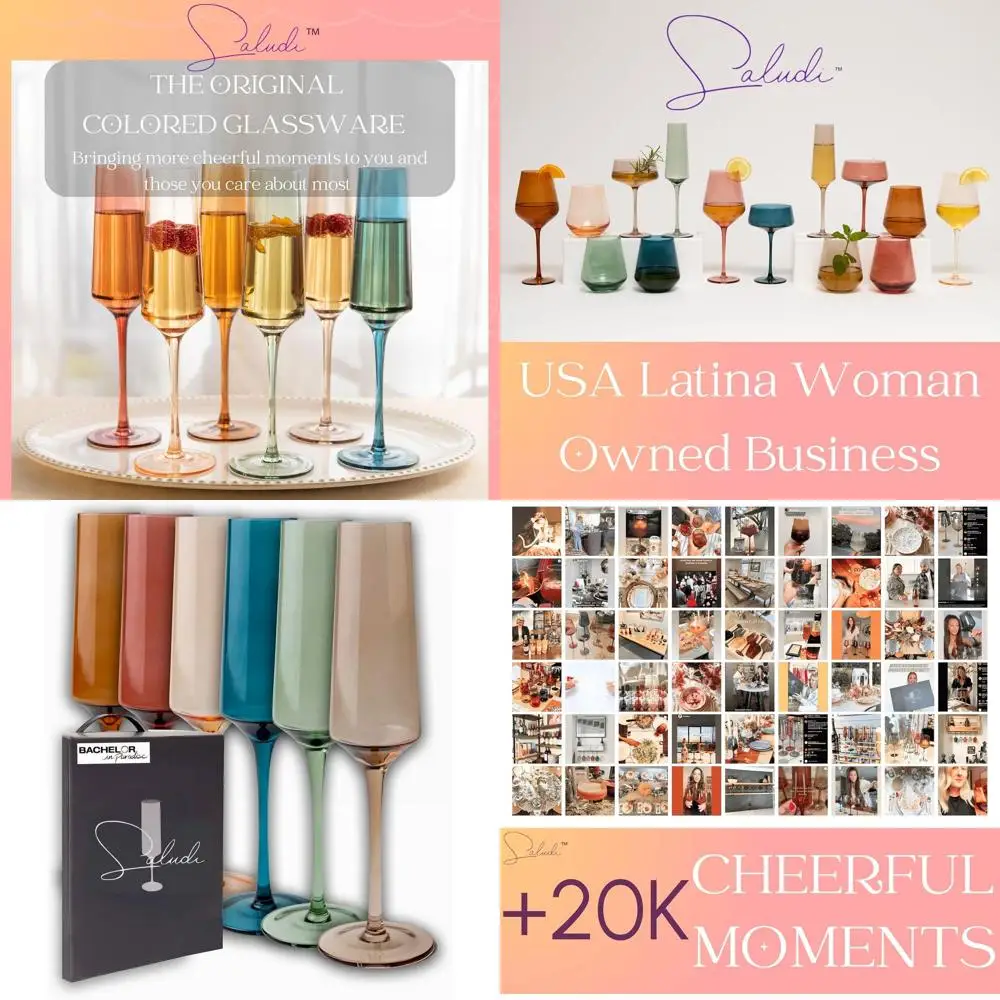 

Multi-Colored Stemmed Champagne Glasses Set of 6 - 7oz - Ideal for Parties and Gifts - Luxurious, Durable Hand-Blown Glassware